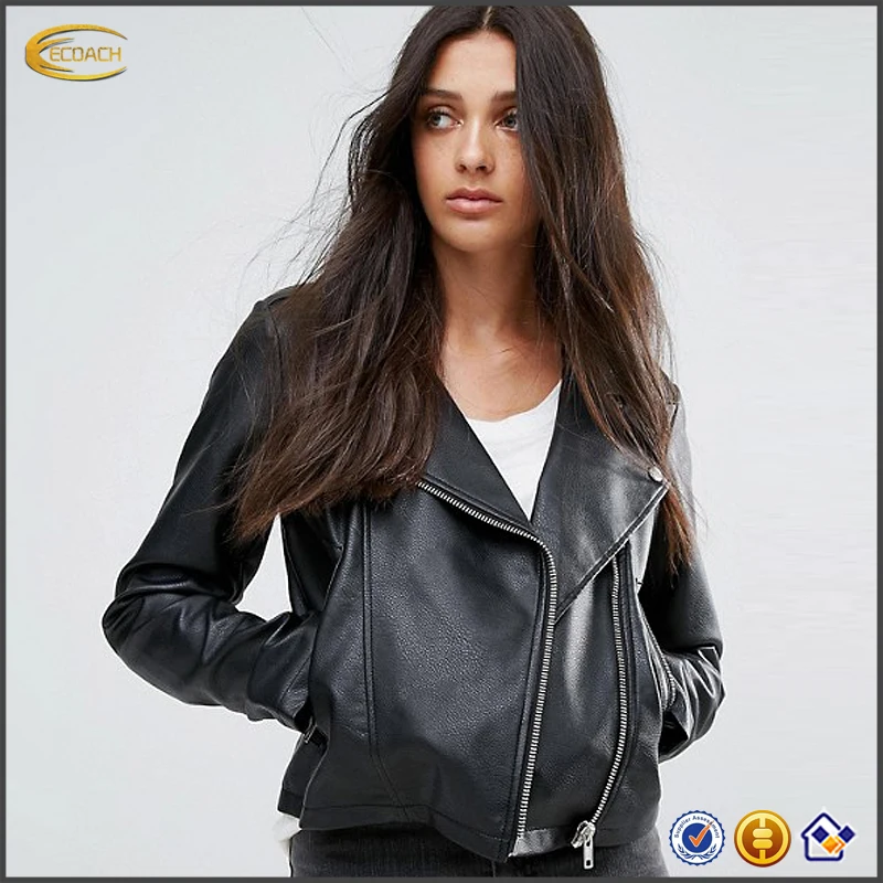 Wholesale New winter custom black Spread collar jacket fashion faux leather biker jacket for women