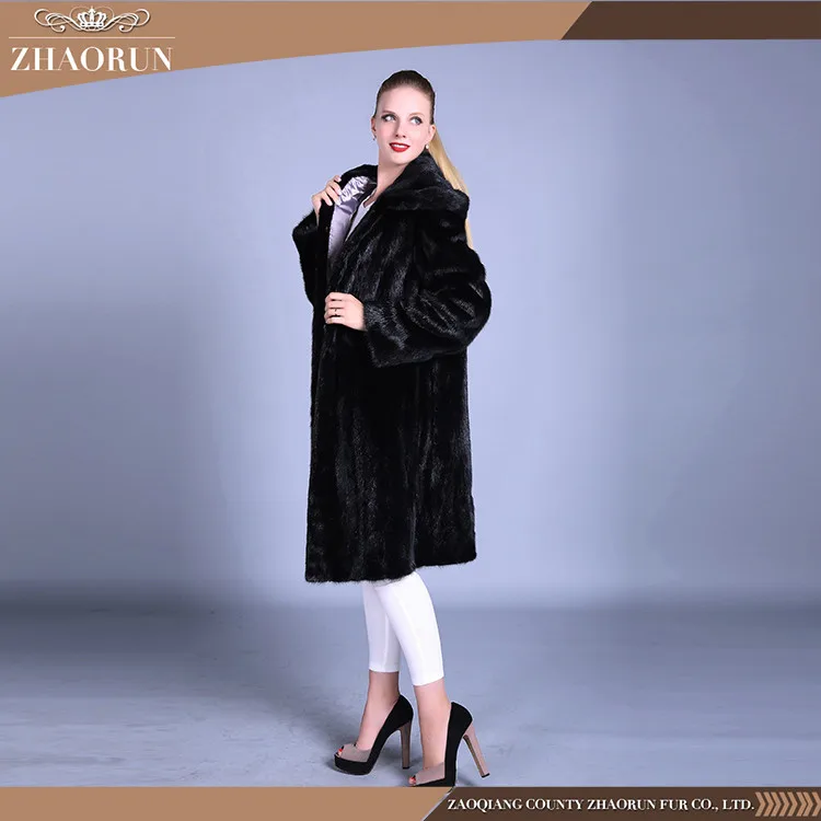 100% Real black long Mink Fur Coat With hat classic mink fur parka with hat