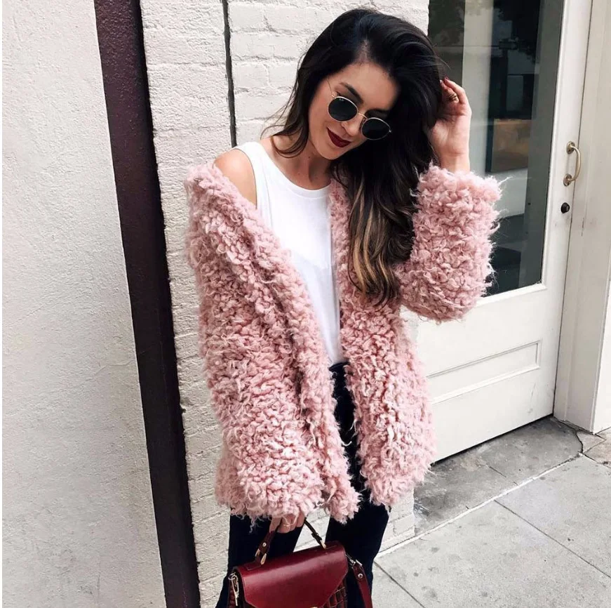 
Winter Grey Wool Overcoat Warm Outerwear Women Pink Faux Fur Coat Turn Down Collar Long Sleeve Cardigan Female Outwear 
