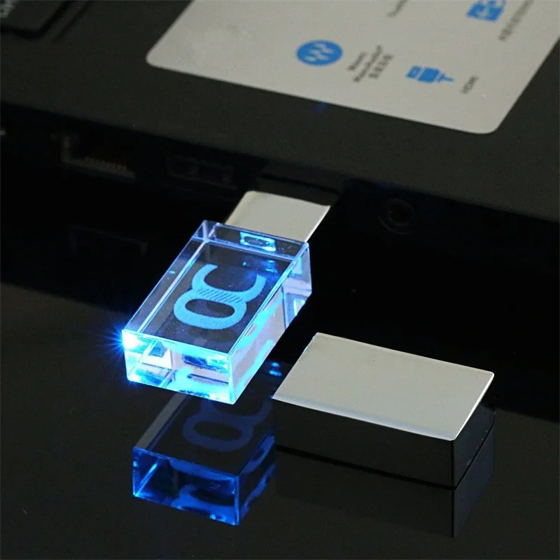 Promotional Gift Customized Laser Engraving Logo Wooden Glass LED Light Up 8GB 16GB 32GB Crystal USB Flash Disk On Key Pen Drive