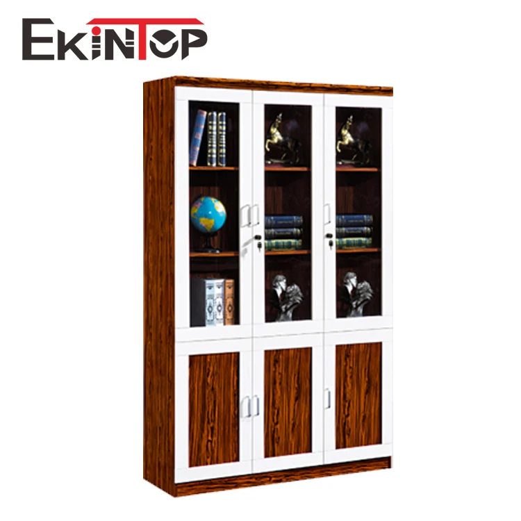 Ekintop antique chinese cheap home library 3 door office furniture bookcase wood book cabinet shelves with study table