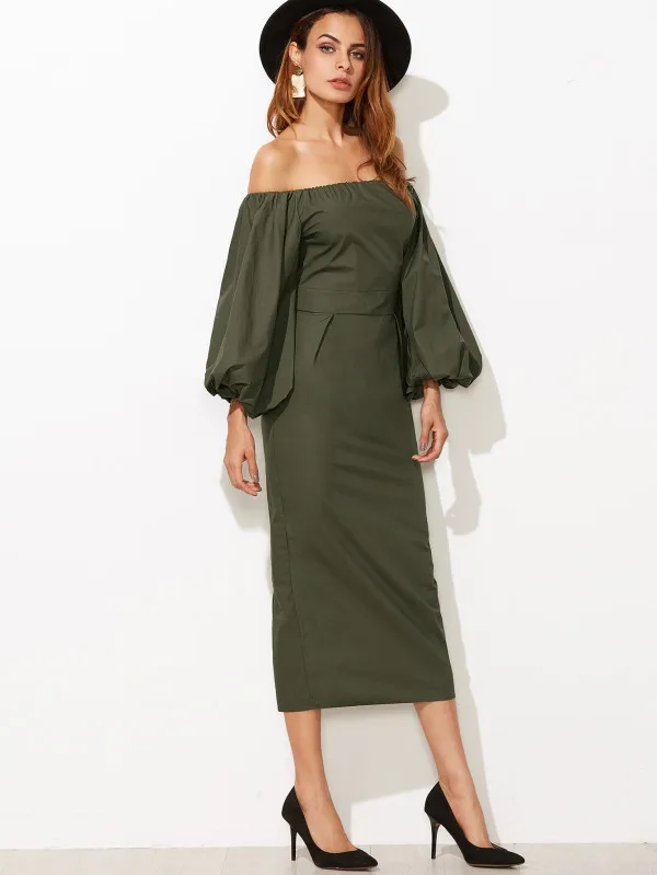 2021 hot sale Olive Green Off The Shoulder Seersucker Sleeve Slit Back Pencil Dress