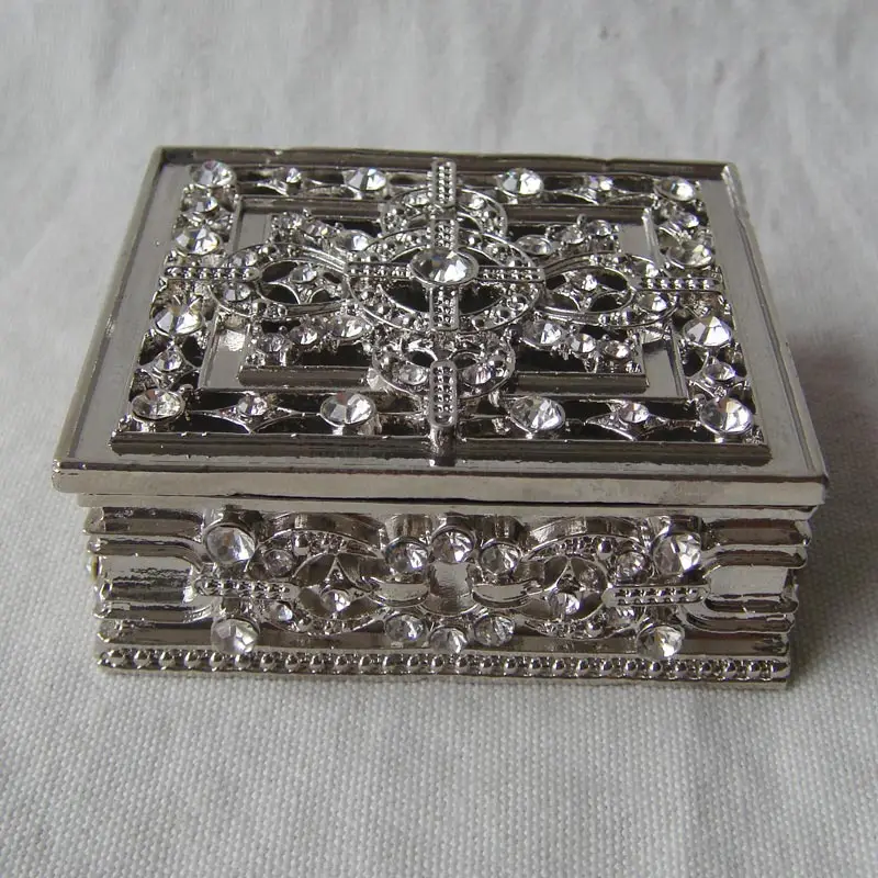 Shiny Silver Crystal Stones Inlaid Rectangle Metal Zinc Alloy Jewelry Trinket Box(#P05673t)