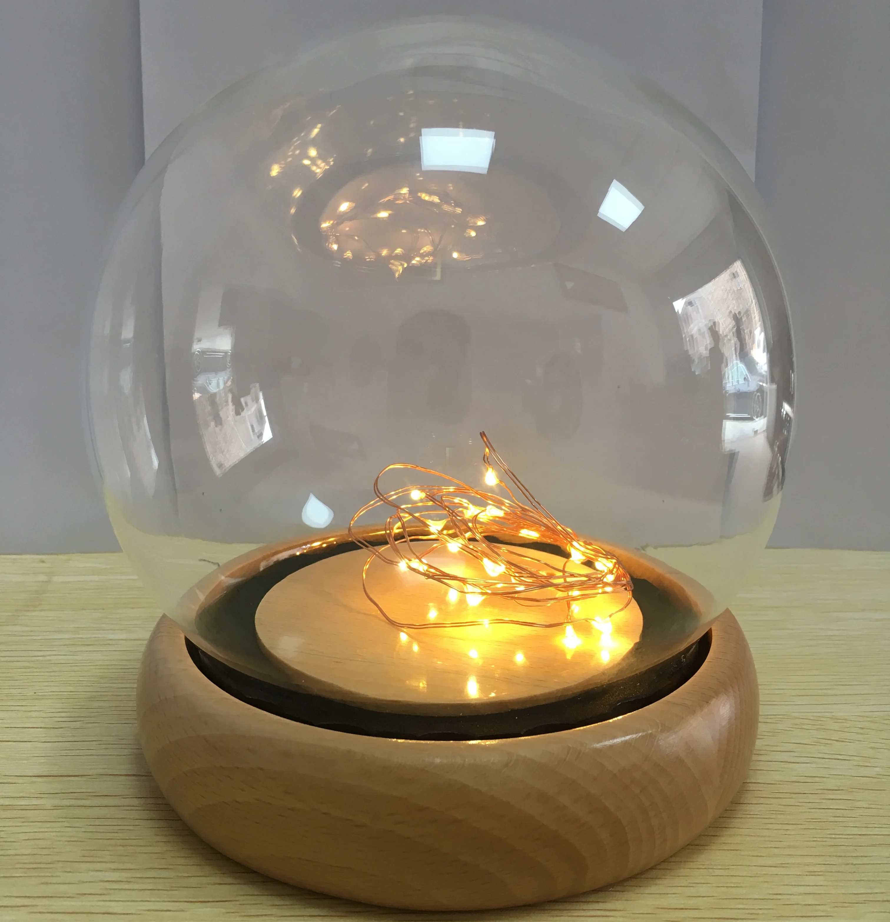 Glass globe dome with copper LED string light for decoration