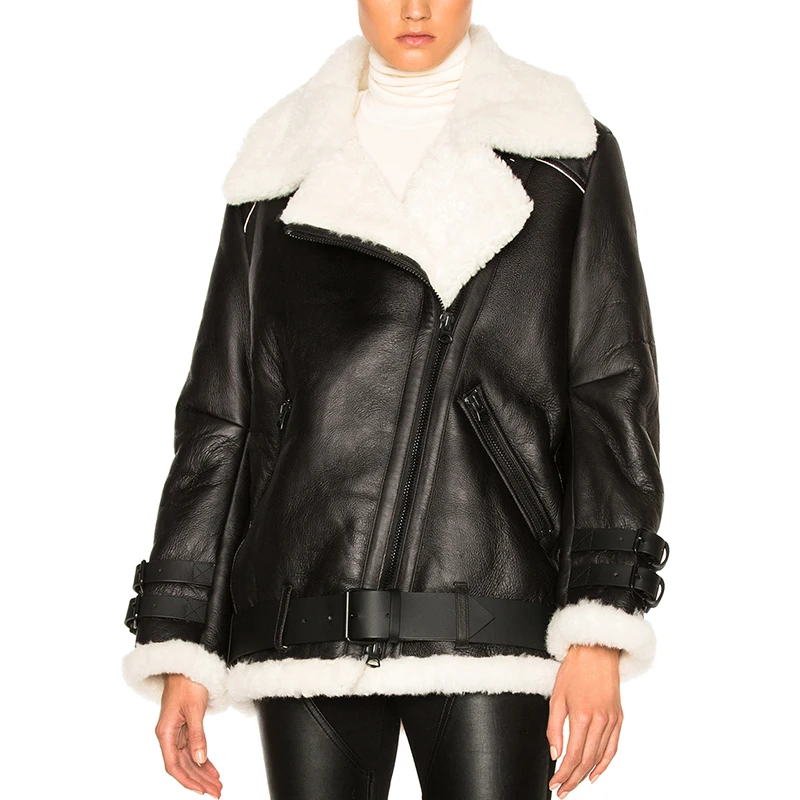 Wholesale Trendy Winter Faux Fur Shearling Coat Fur Lining Women Leather Coat