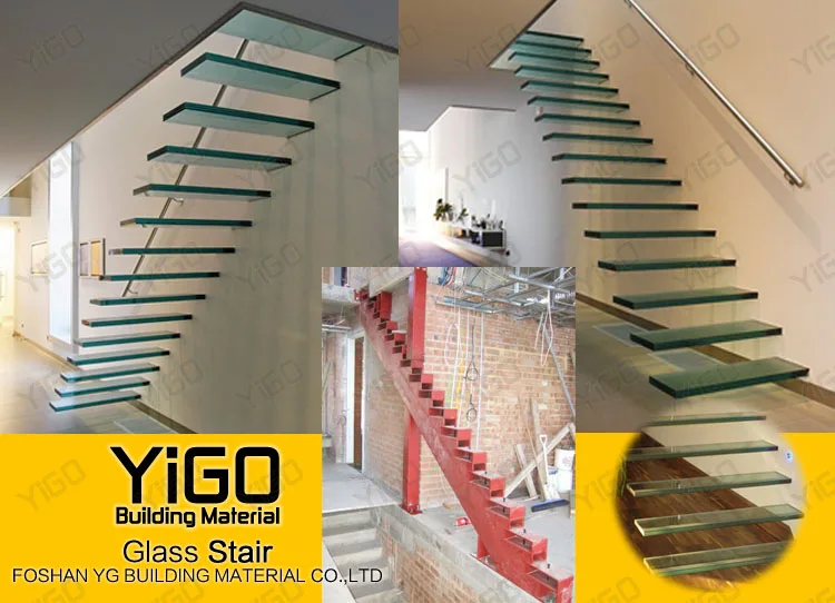 floating glass stairs/staircase with wooden treadboards price,floating stair kits