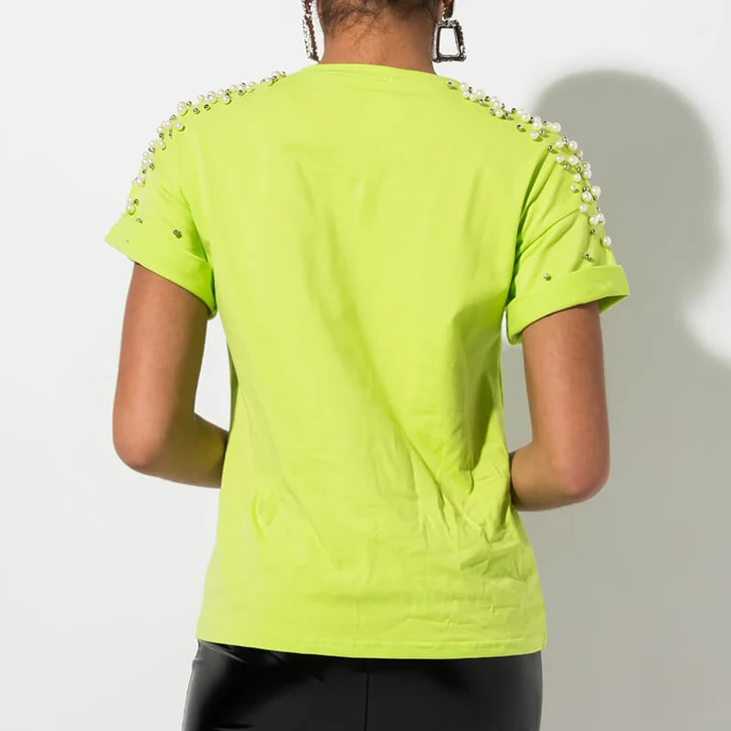 
Custom Wholesale Neon Green Pearl Embellished Short Sleeve T Shirt Women 