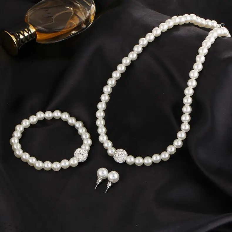 2018 Fashion Women Pearl Wedding Jewelry Set Earring&Bracelet and Necklace