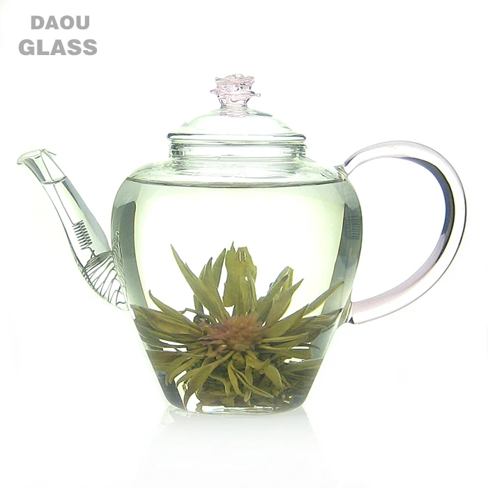 
novelty heat resistant pyrex glass tea sets with teapot,Blooming flower tea special teapot, Pink handle and rose lid 