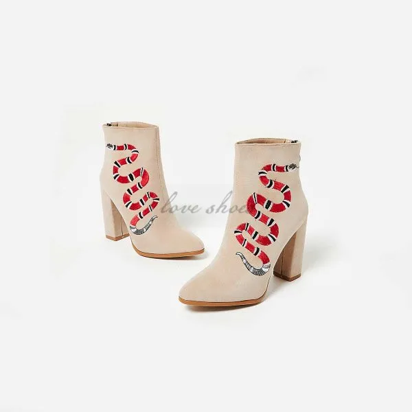 High Heeled Ankle Boots Snake embroidered in nude suede Women pointed toe booties