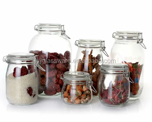 Available different sizes food grade glass storage jars with airtight locking clamp lid glass storage jars with clip lids