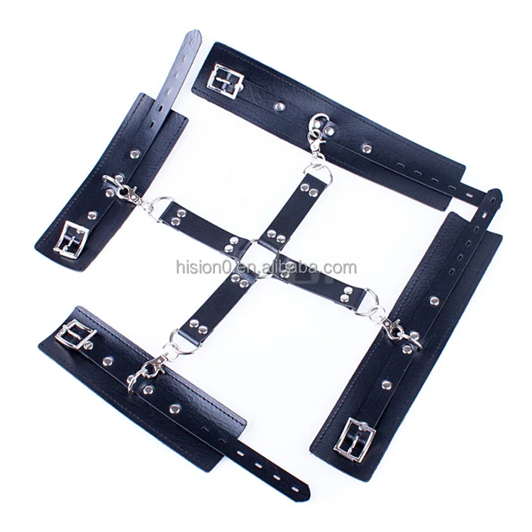 Wide Leather Hand and Leg Cuffs with Hogtie Wrist and Ankle Restraint Bondage Toys