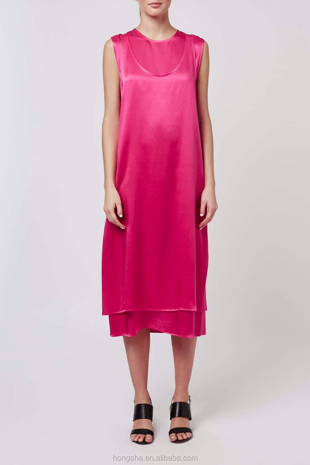 Latest Fashion Sleeveless Gambar Model Gaun Satin Long Dress Hot Pink Satin Dress Designs HSD6834