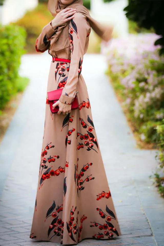  9074 # женское Шифоновое Платье макси с длинным рукавом и цветочным принтом вишни мусульманское платье арабское саудовская