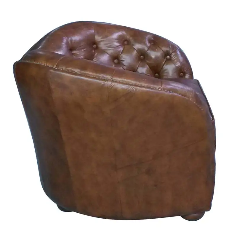 Hotel Chesterfield Tufted Button Back Vintage Brown Genuine Leather 1 Seater Sofa with Copper Nail