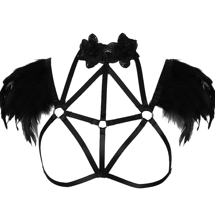 Black Lace Strappy Top Cage Lingerie Neck Belt Feather Shoulder Punk Goth Sexy Woman Harness Adjust Elastic Cosplay Clothing