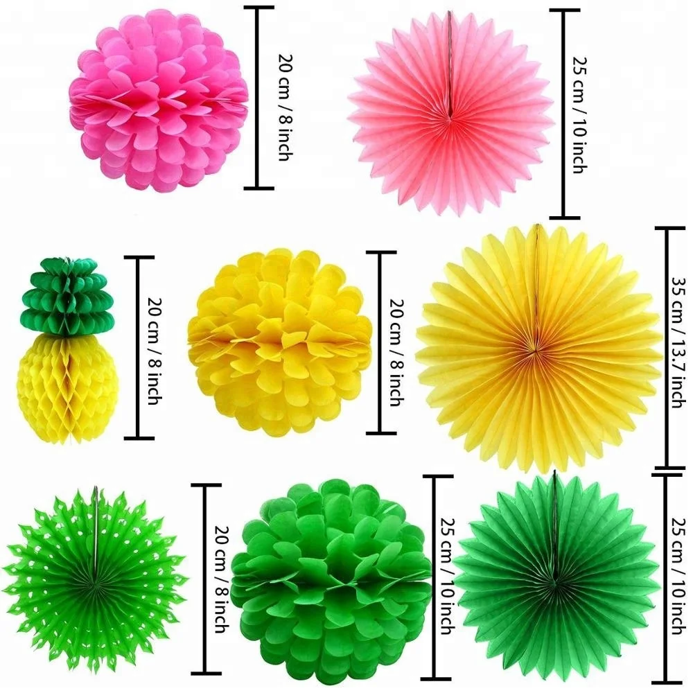 Hawaiian Party Decorations Tissue Pineapples Paper Pom Poms Flowers Tissue Paper Fan Polka Dot Paper Garland Flamingo Pineapple