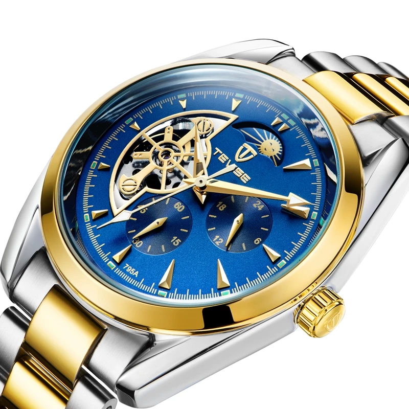 TEVISE Moon Phase Gold Men Skeleton Watch Automatic Mechanical Mens Watches Waterproof Self-winding Clock Stainless Steel Reloj