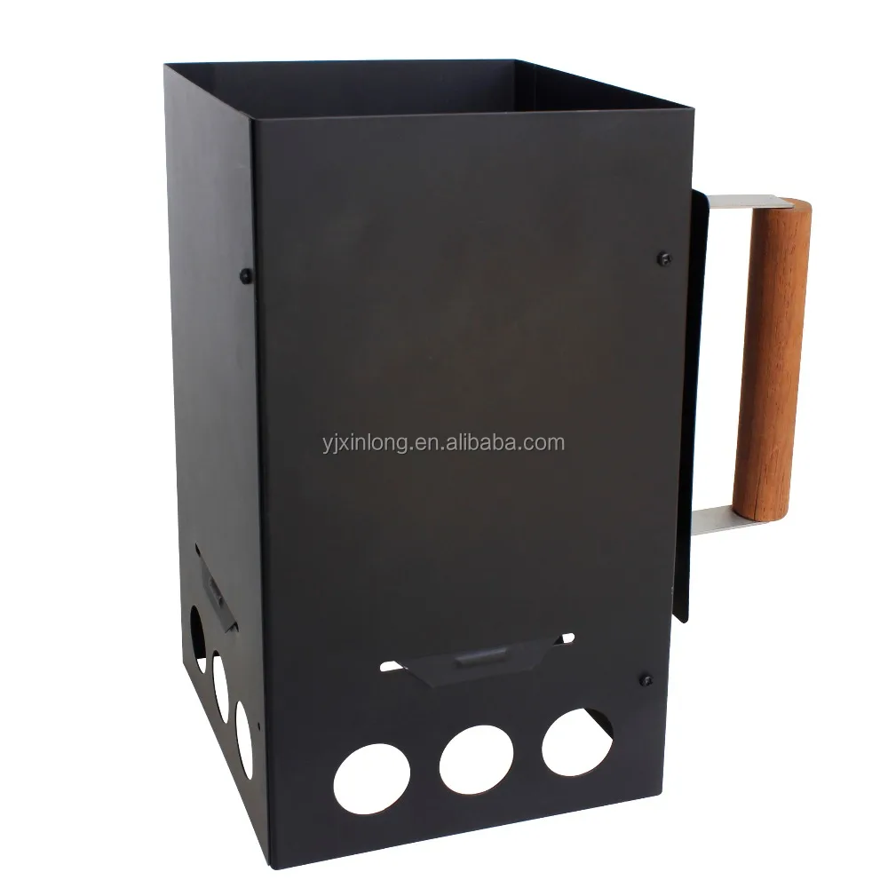 Hot sale trendy galvanized Iron carbon steel bbq chimney charcoal starter with wooden stand