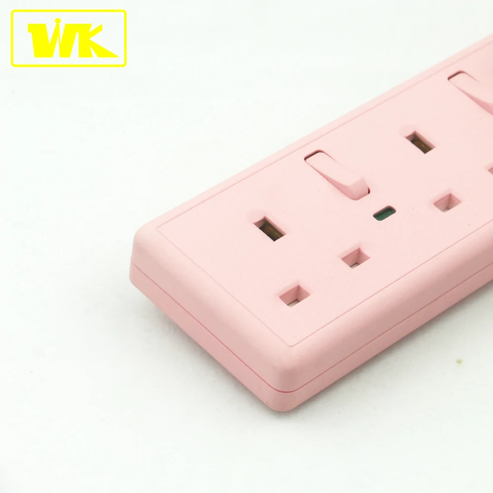 WK  13A 4 Gang Power Strip with UK Fused Plug Top, Individual Switch & Neon