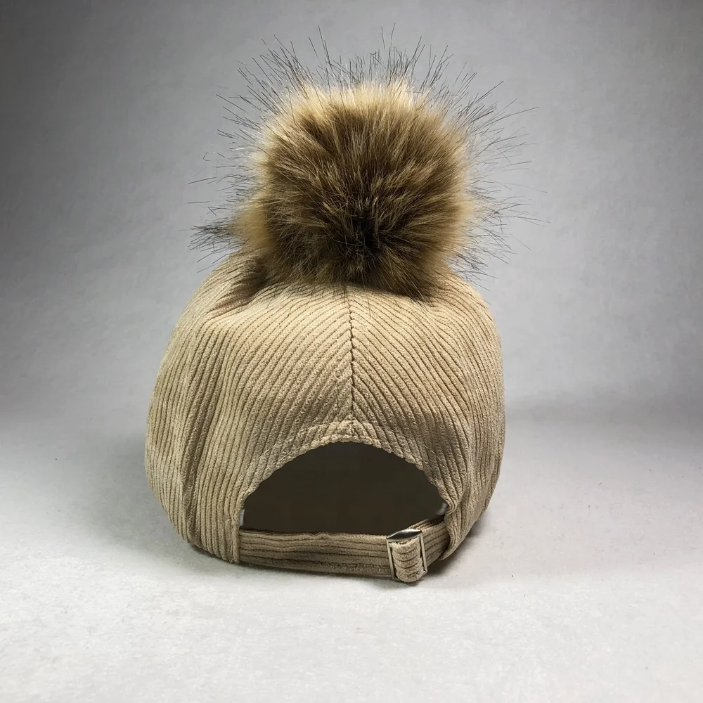 Wholesales small MOQ custom fashion plain blank corduroy cap with pom pom winter hat