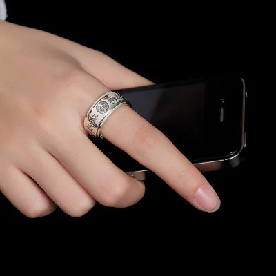 Real 925 Sterling Silver Rings For Men Carving Chinese Mythical Four Animals Dragon Tiger Tortoise Bird Rotatable Vintage Rings