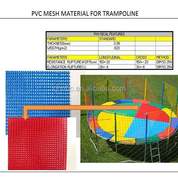 Colorful PVC Coated polyester B1 FR safety mesh for mat trampoline with 6P environmental standards.