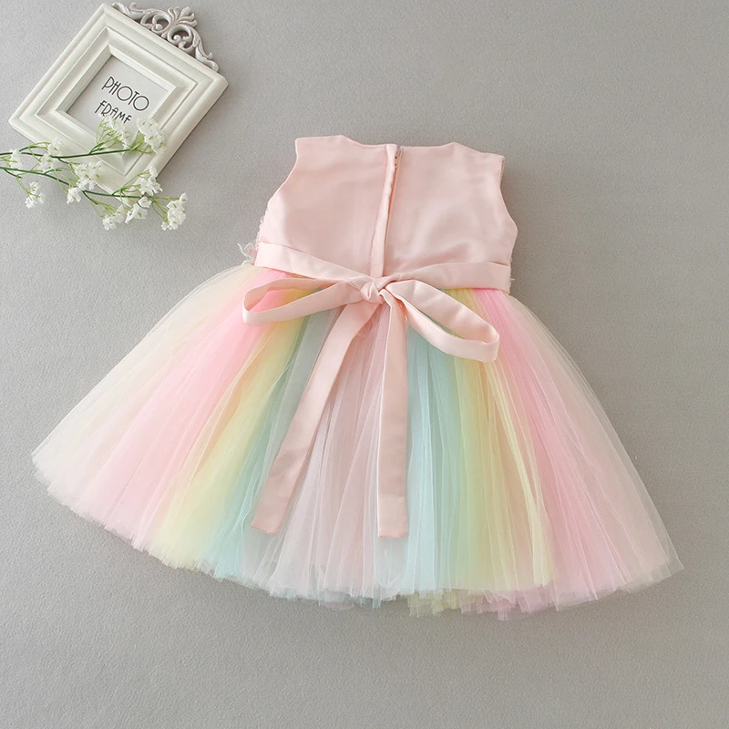 Boutique Wholesale Baby Girl Rainbow Color Dresses Princess Appliques Lace Tulle Infant Girls Pink Tutu Floral Dress