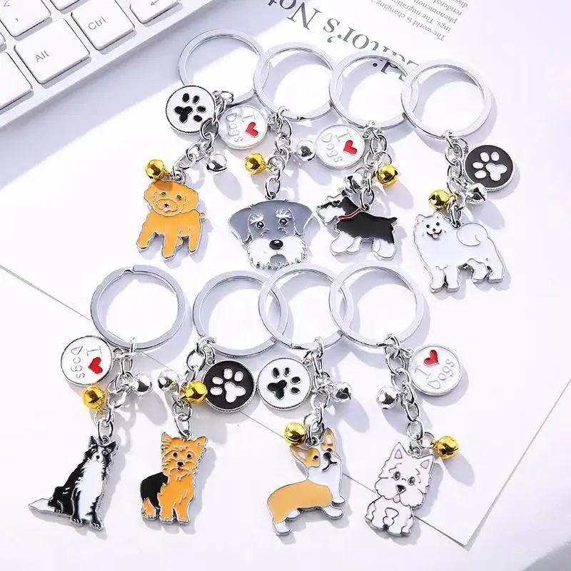 Professional Hot sell silver plated zinc alloy soft enamel metal custom pet dog shaped animal cartoon bell ring key chains