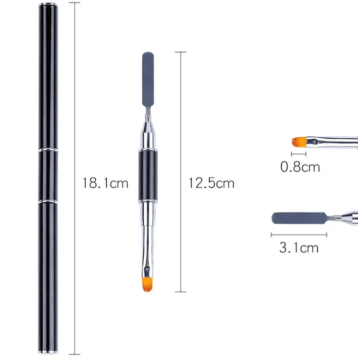 Professional Black Metal Handle Nail Pen Double Ends Nylon Hair Gel Painting Nail Art Brush with Nail Spatula Pusher
