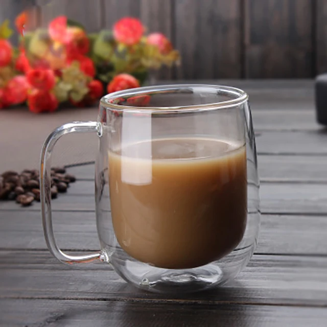 
Unbreakable borosilicate double wall glass coffee cup with handle 
