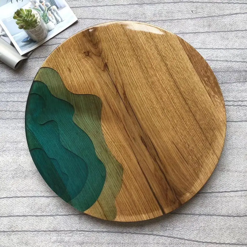 2019 JUNE EXPO modern style solid wood with beautiful blue epoxy resin river serving tray round coffee tray