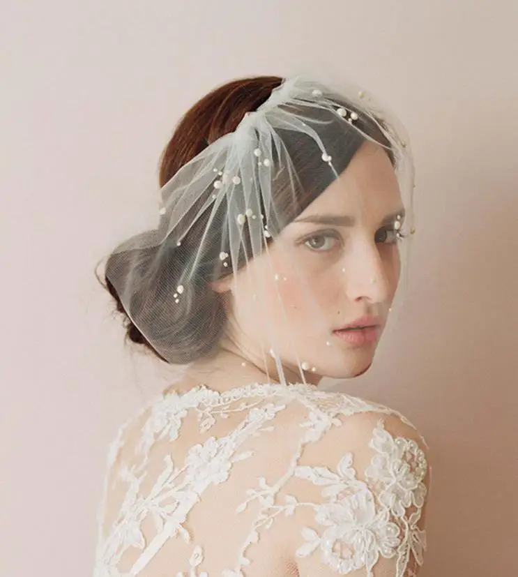 
Half pearl bride cover veil custom wholesale soft net wedding short veil brigade wedding dress veil accessories 
