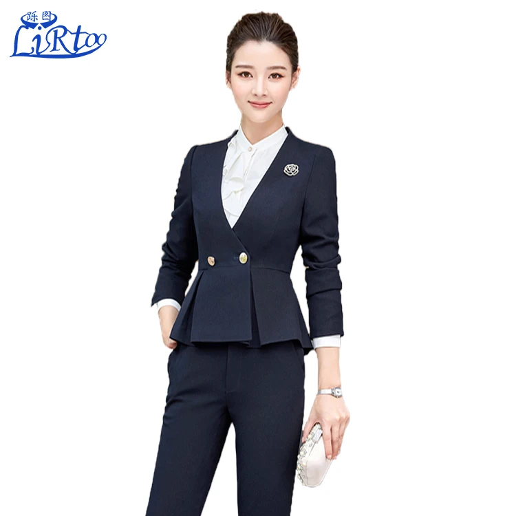 
Elegant ladies suits custom blue skirt airline stewardess uniform design 