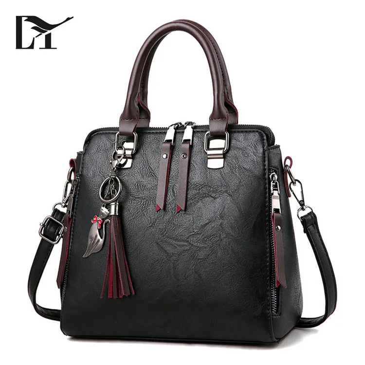 Guangzhou Handbag Market Trendy Handmade Black PU Office Lady Handbags With Leather Tassel