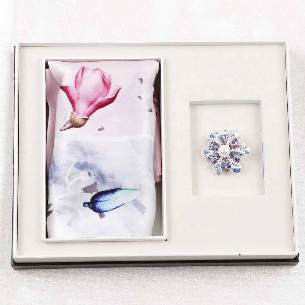 
Pink Silk Scarf & Brooch Women Business Classical Gift Set for Christmas 
