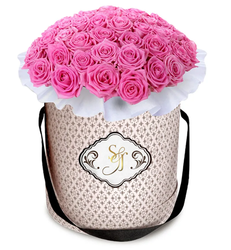 customized design flower round box luxury round box for flowers paper tube flower bouquets customized with satin ribbon handle