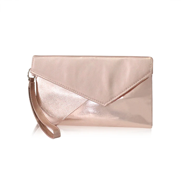 Fashion Modern Ladies Evening Party Rose Gold PU Leather Clutch Bag for Women Teamtai Bags Keyring + Hand Strap Fold Over CN;ZHE