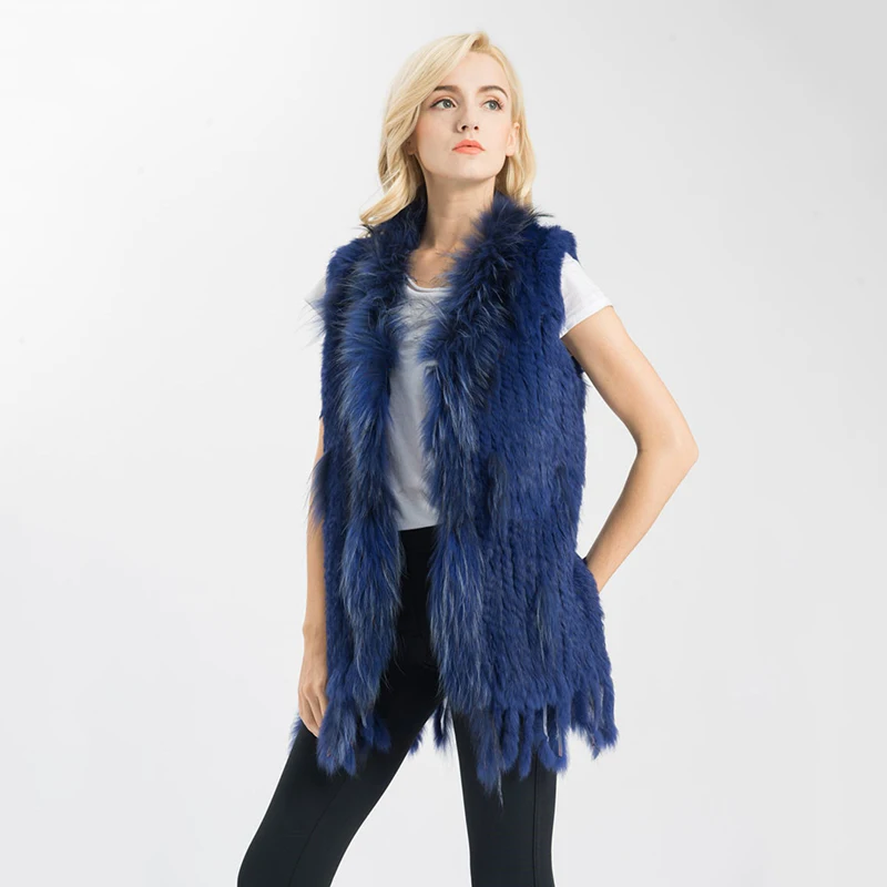 Latest Style Warm Women Knitted Real Rabbit Fur Vest with Raccoon Fur Collar Natural Fur Waistcoat Gilet