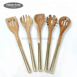 Housewares kitchen acacia wood kitchen utensil set with new hammered handle