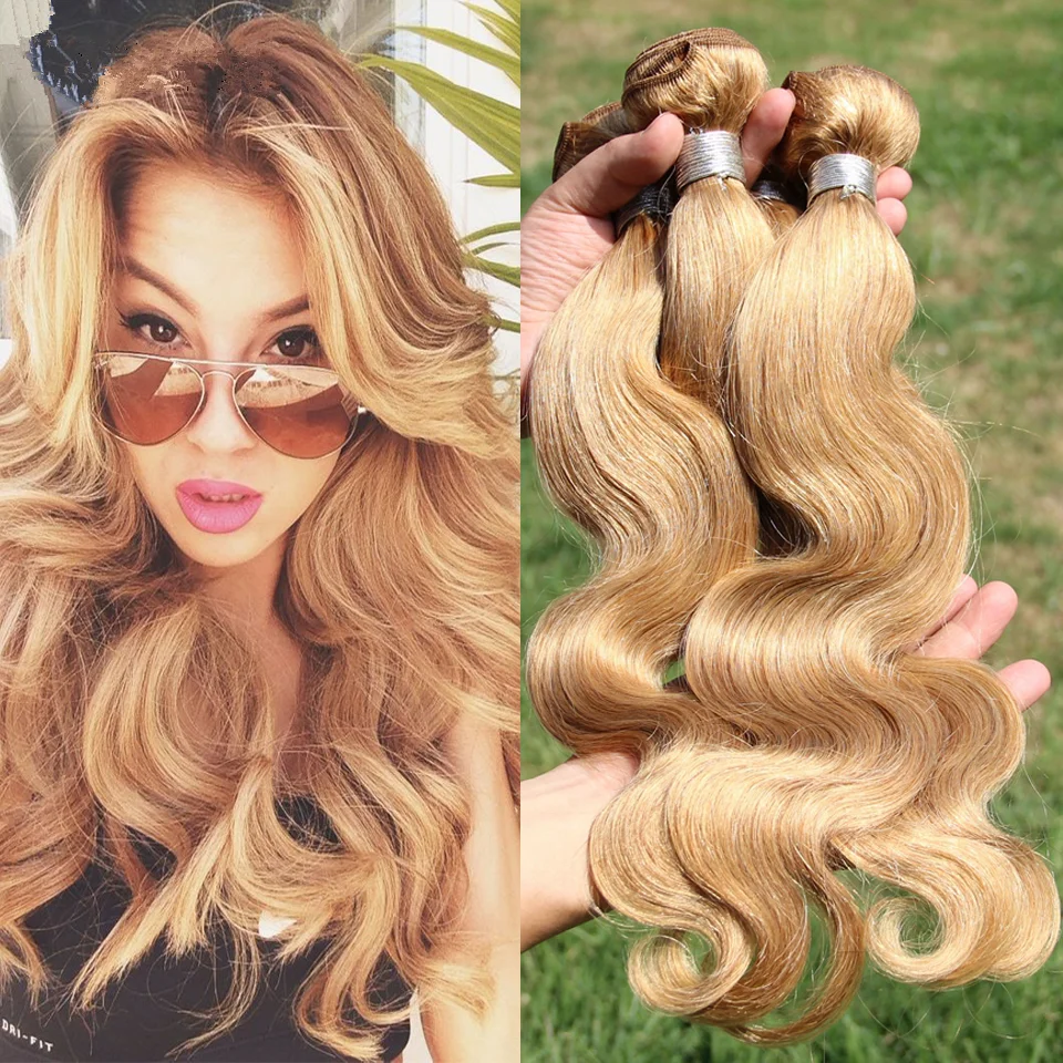 Ruija glamorous Brazilian Hair Extensions Remy Human Hair dark blonde color 27 body wave Weave Bundles