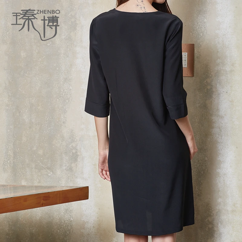 Sale Pure Silk Crepe Stone Washed Basic V Neck A Line Tunic Shirt Dress for female