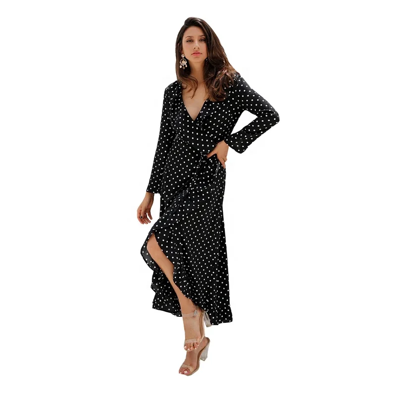 Womens Summer Boho Casual Dress Vintage Long Sleeve Polka Dot Ruffle V Neck Split Maxi Dress
