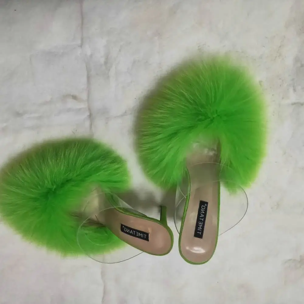 20 19 summer big and full fox fur heels fur slides custom color and big size ready to ship