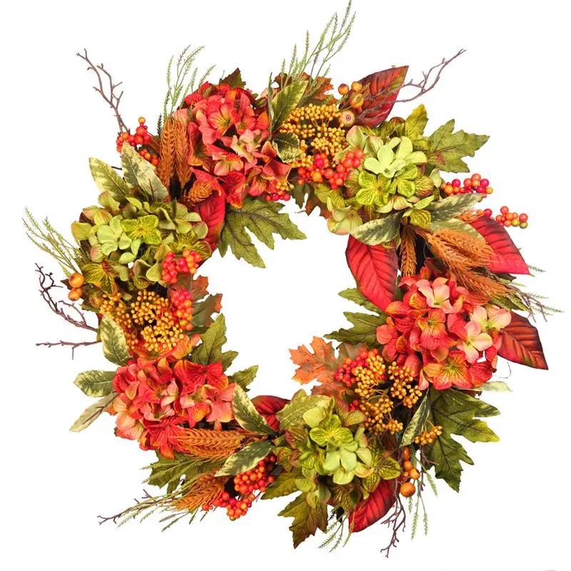 Artificial autumn hydrangea flower wreath with leaves and ear of wheat