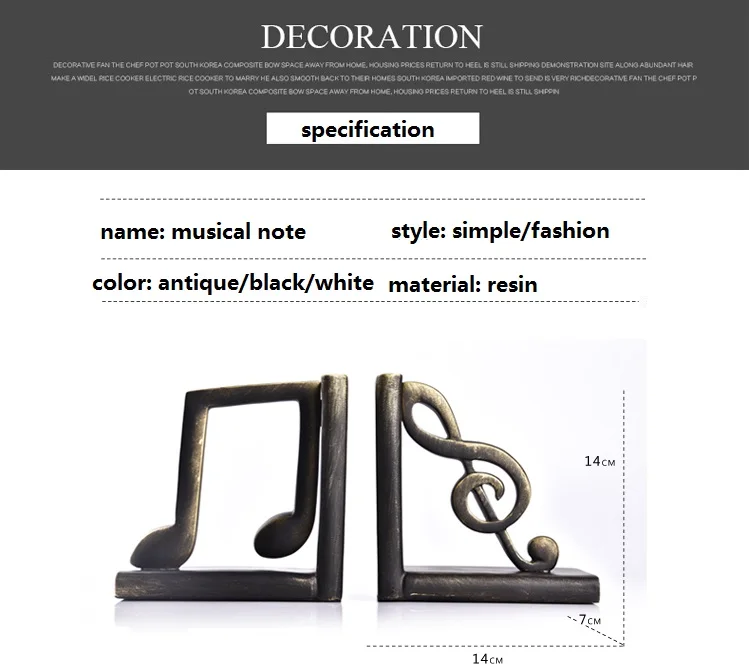 funny design musical note resin bookend faux metal bookend