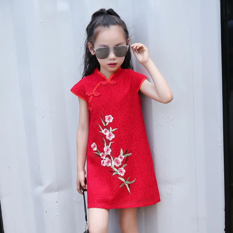 
Chinese traditional style soft fabric embroidered dress girls cheongsam 