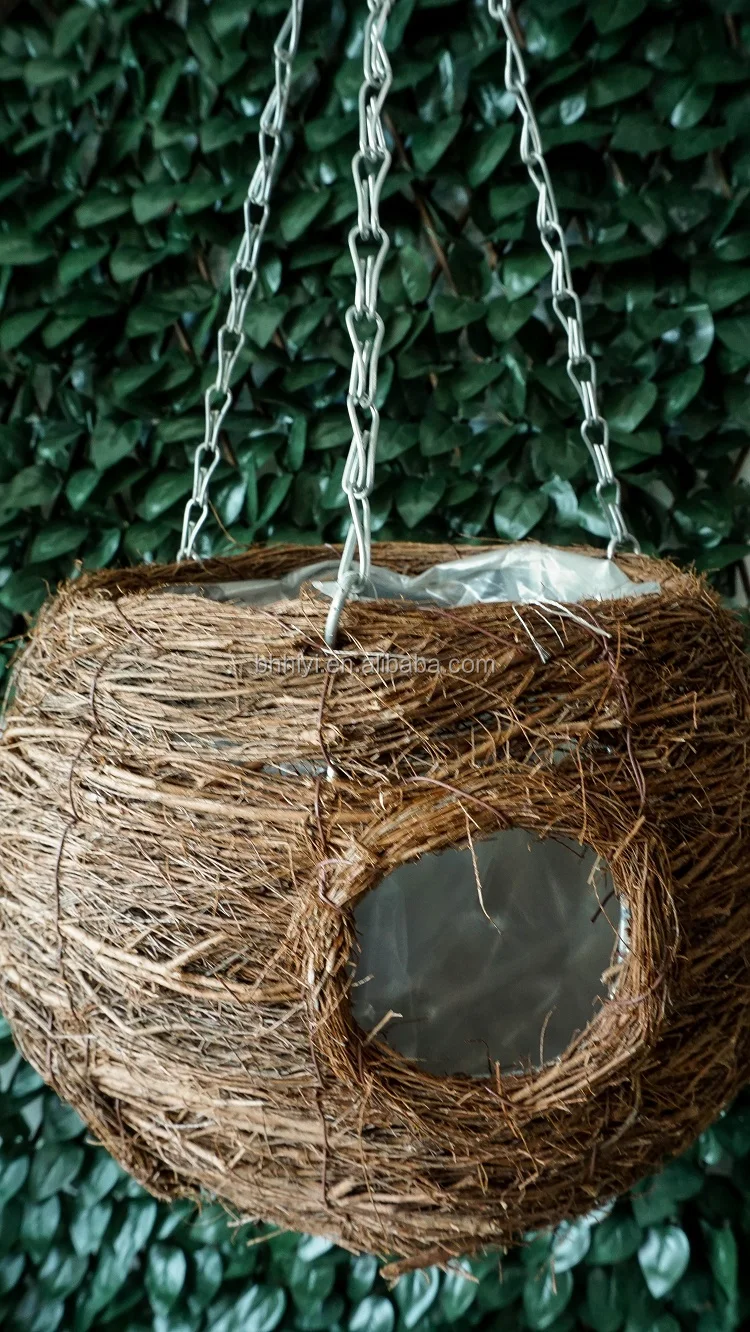 Натуральная подвесная корзина из ротанга ручной работы для украшения сада, подвесные горшки для растений с цепочкой и крючком диаметром 24 см