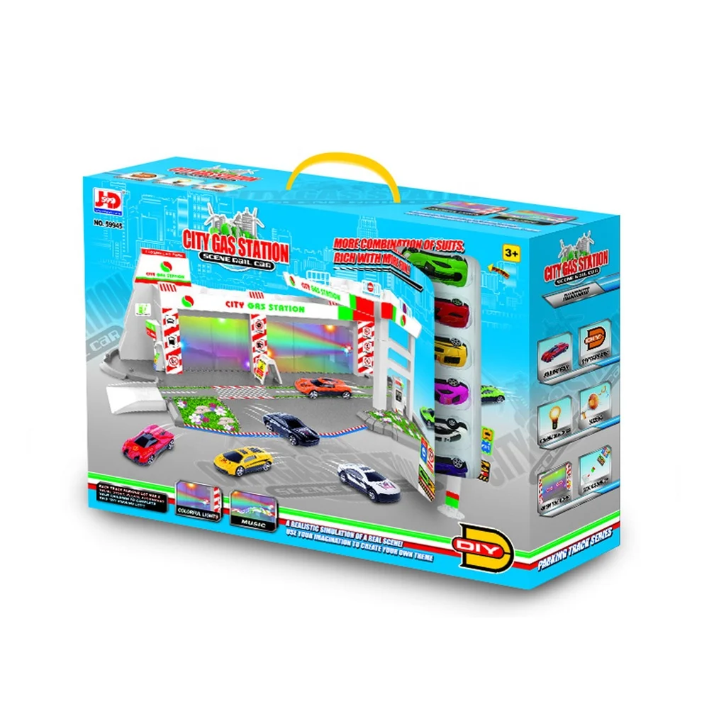 DIY assemble Petrol station set parking garage toy with 6pcs alloy cars.
