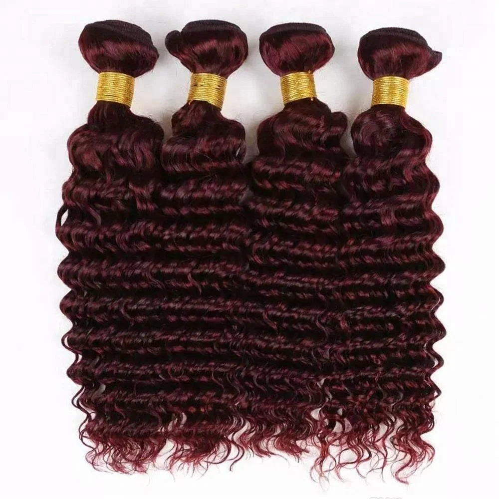 Burgundy Deep Wave Brazilian Virgin Hair Weave With 13*4 Lace Frontal Closure #99J Wine Red Deep Curly
